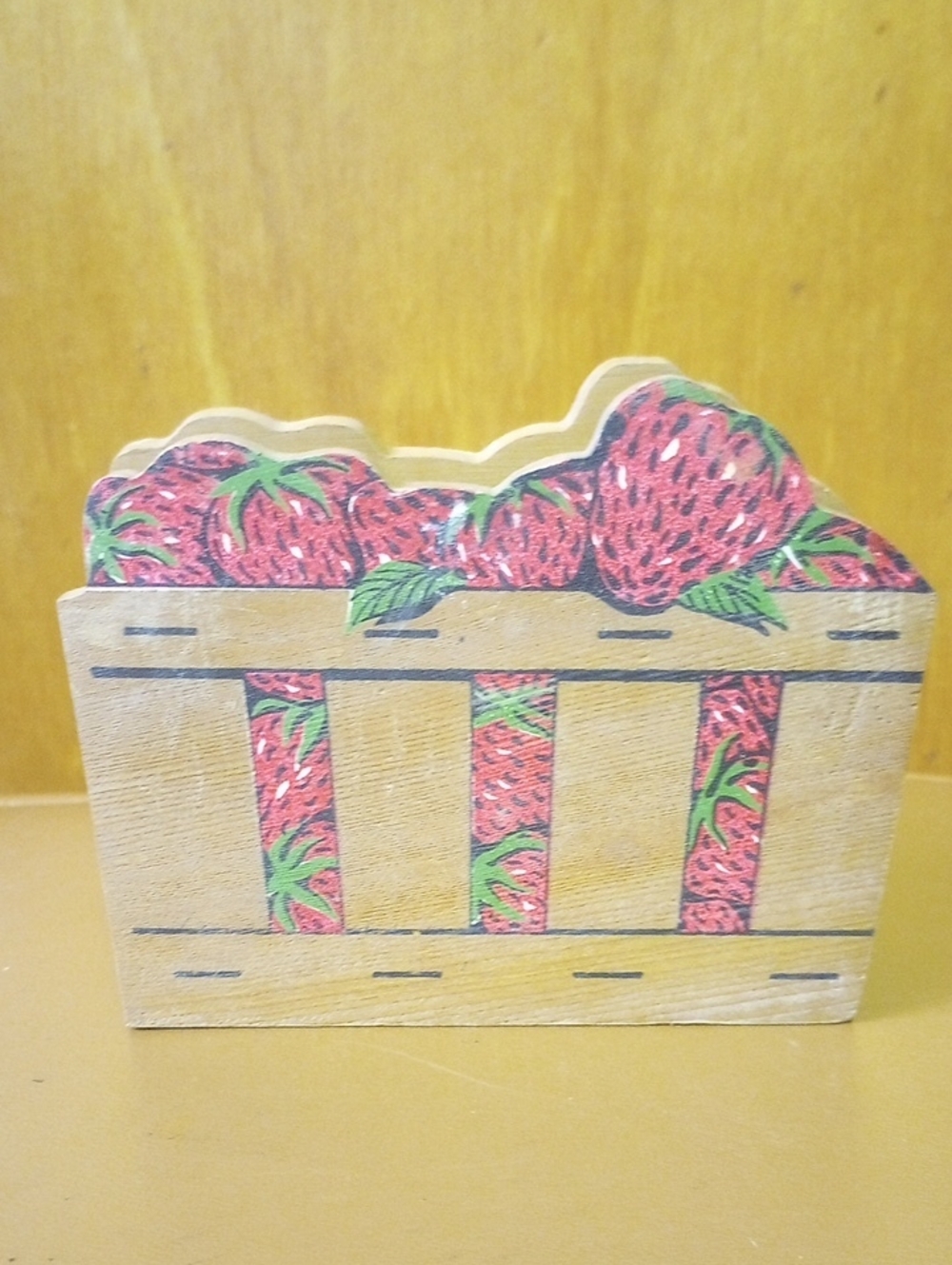 "Strawberry Basket" Vintage Wood Napkin or Mail Holder. Red Green Brown